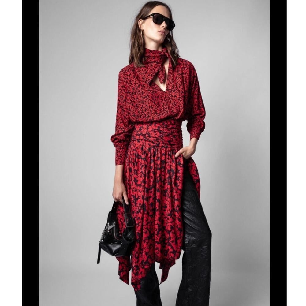 NWT Zadig & Voltaire Defile Red Printed Jacquared Silk Midi Skirt